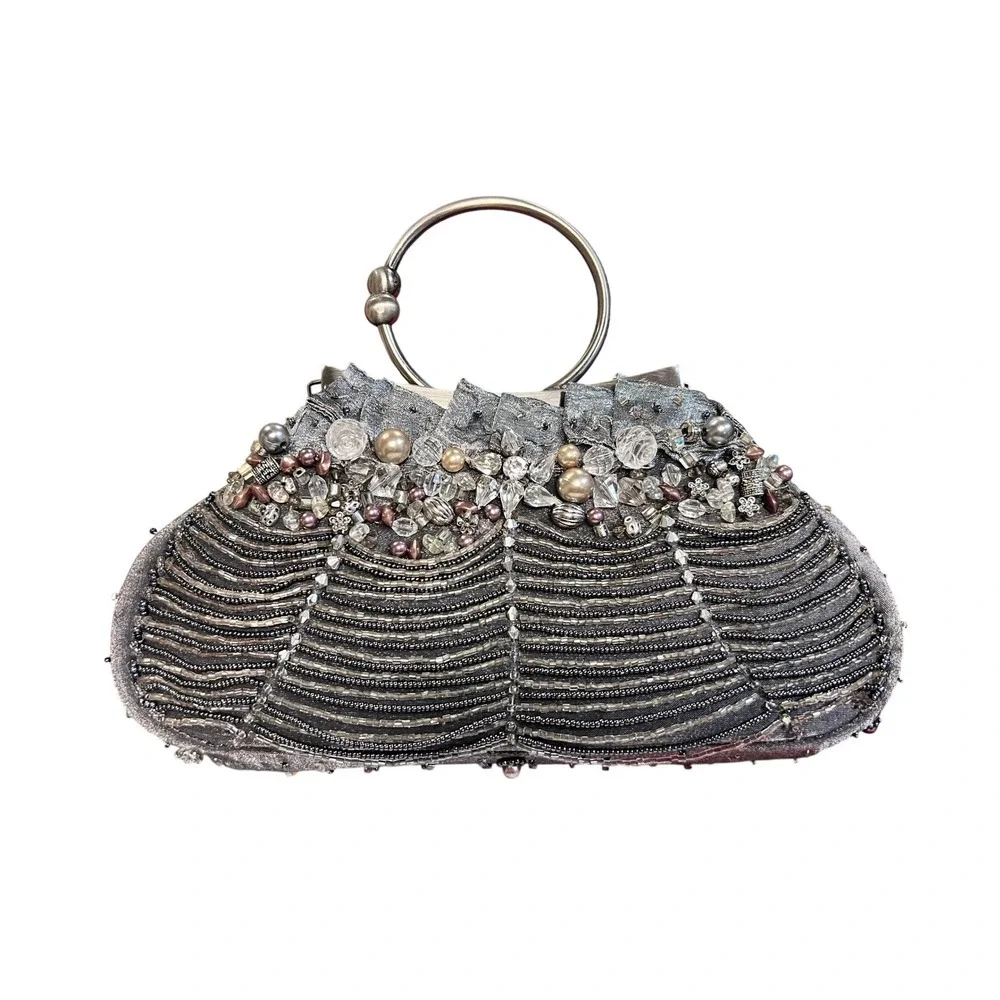 Mary Frances Beaded Evening Clutch Women OS Silver‎ Excellent Pearl Crystal Bag